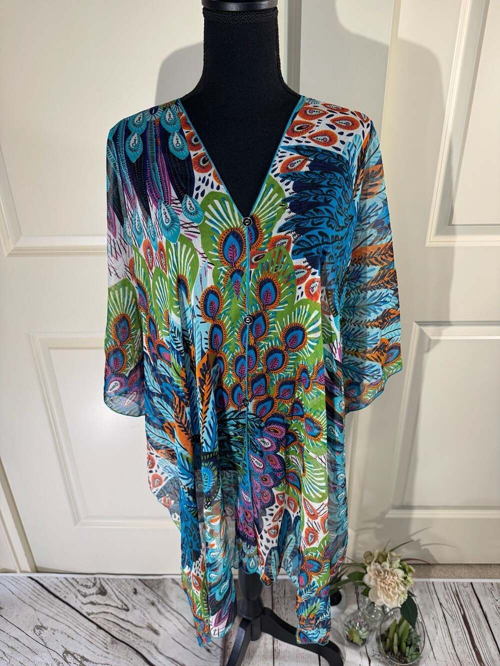 Zury Peacock Print Rayon Sheer Kimono Cover Up Free Size